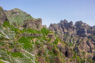 Madeira merkez dağlarında yürüyüş, güzel bir manzara, ufuk, mavi gökyüzü yolda. Muhteşem Madeira dağ manzarası, yeşil ağaçlar, küçük yapılı köyler..