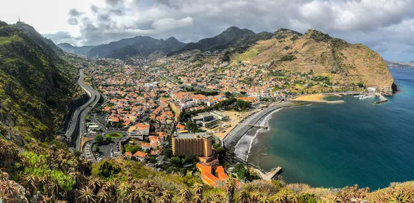 Vista Panorâmica Cidade Machico Costa Sul Madeira Portugal Praia Pequena — Fotografia de Stock
