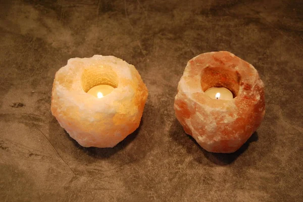 Himalayan Salt Candle Holders Side Side Well Lit — Stock Photo, Image