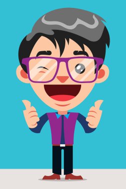 Funny Guy Cartoon Character With Glasses, Giving The Thumbs Up Sign