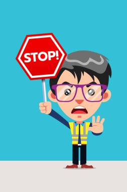 Funny Guy Cartoon Character With Glasses Holding Stop Sign Stock  Illustration Vector 