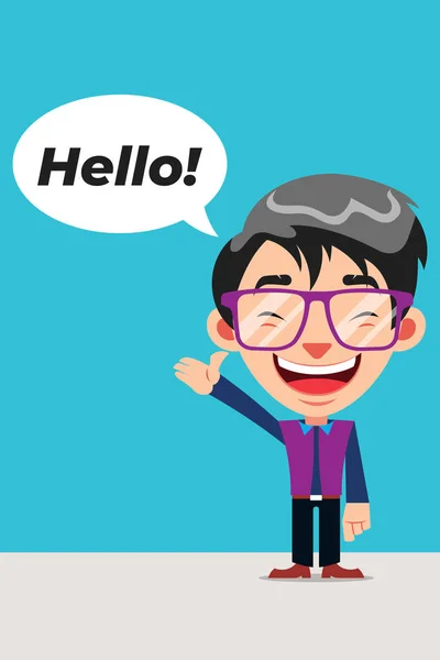Funny Guy Cartoon Character Glasses Say Hello Expression — Stock vektor