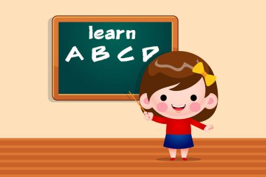 Vektör illüstrasyonu. Küçük tatlı kız alfabe öğretiyor. Tebeşir kurulunun önünde elinde bir işaretle duruyor.