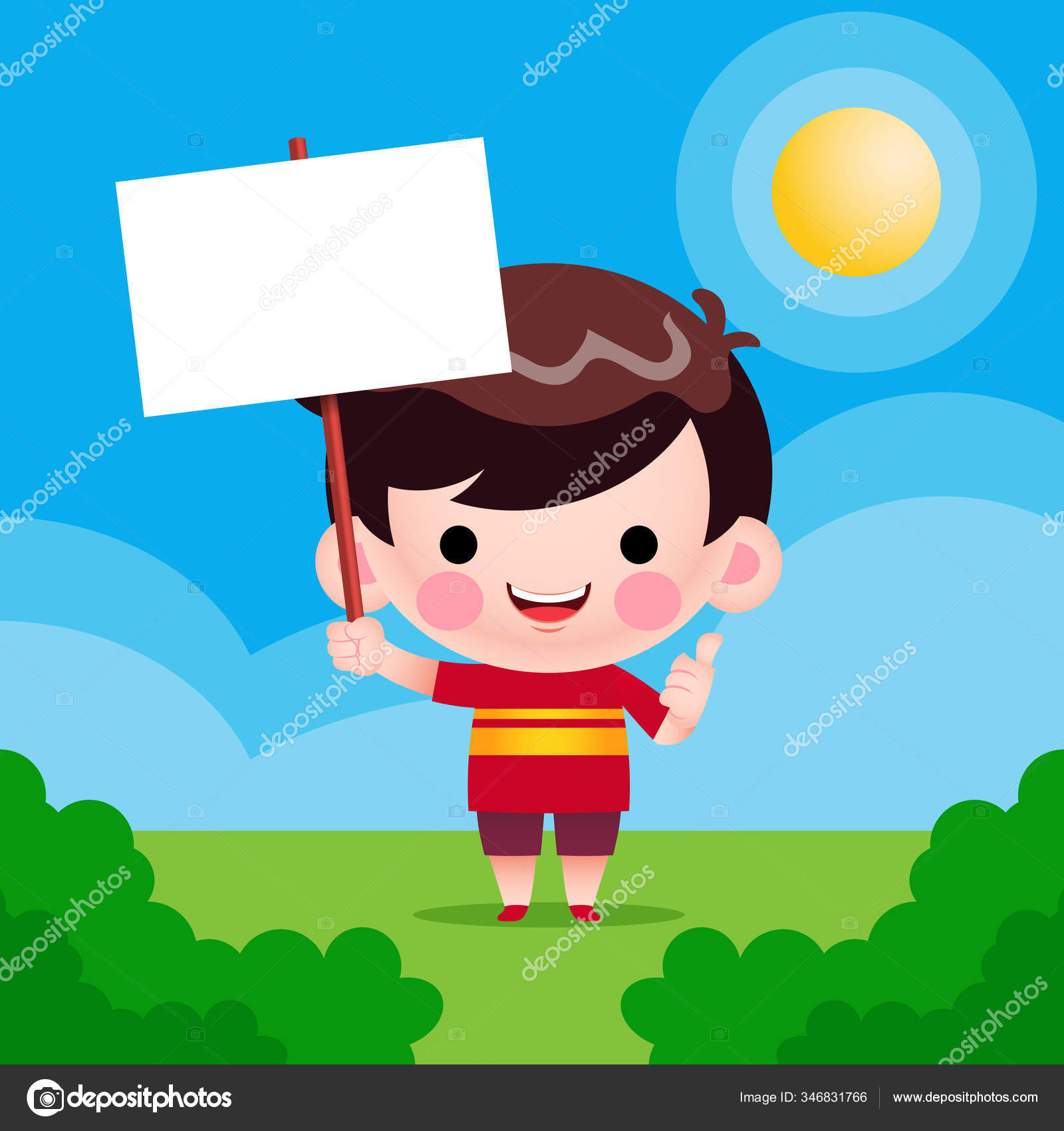 Vektor Ilustrasi Grafis Kartun Cute Little Boy Holding Text Template Stok Vektor VanStudio 346831766