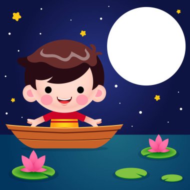 Geceleri teknedeki şirin çocuğun çizim vektör grafiği. Maskot, çocuk kitabı kapağı, çocuk kitabı illüstrasyonları, duvar kağıdı, çocuk broşürü, bulmaca, oyun çizimleri, oyun varlıkları, animasyon, vs..