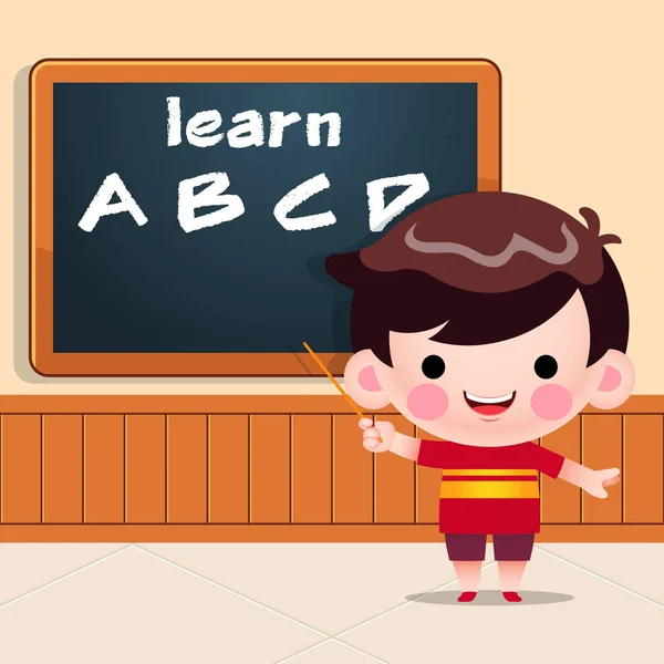 일러스트 그래픽 Cute Little Boy Teaching Alphabet Standing Front Chalk — 스톡 벡터