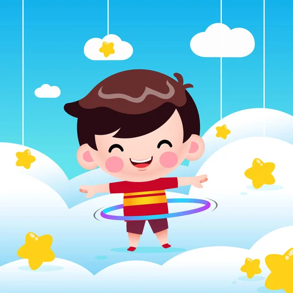 Illustrationsvektorgrafik Von Cartoon Cute Little Boy Playing Hula Hoop Cloud — Stockvektor