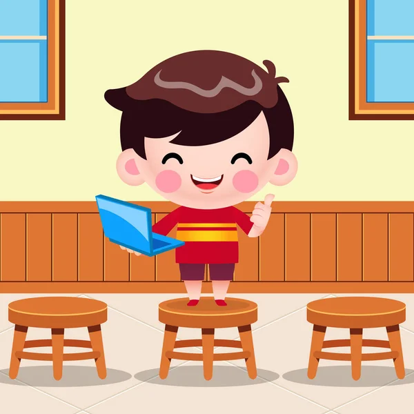 Ilustrační Vektorová Grafika Cartoon Cute Little Boy Holding Laptop Presentation — Stockový vektor
