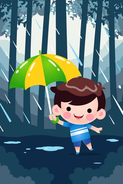 Illustration Vector Graphic Cartoon Cute Little Boy Hiding Umbrella Rain — Stock Vector