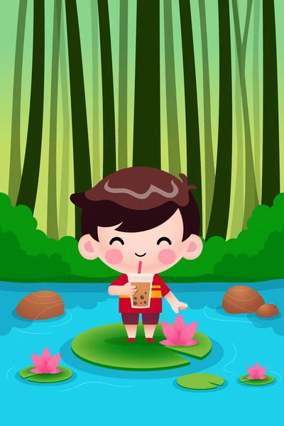 Illustratie Vectorgrafiek Van Cartoon Cute Little Boy Staande Lotus Drink — Stockvector