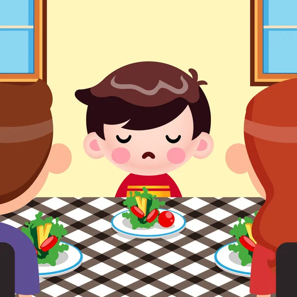 Cartoon Cute Little Boy Want Eat Vegetables Her Parents Tries — Stock Vector