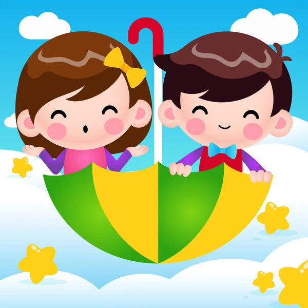 Illustration Vektorgrafik Von Cartoon Boy Girl Riding Flying Rebrella Vector — Stockvektor