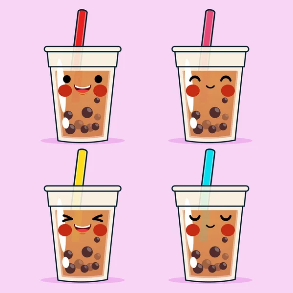 Ilustração Gráfico Vetorial Cartoon Cute Bubble Tea Pearl Tea Emoticon — Vetor de Stock