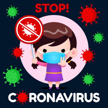 Tıbbi maskeli küçük bir kızın Coronavirus Covid-19 işareti taşıdığı illüstrasyon vektör grafiği. Tıbbi broşür, televizyon sağlık bilgisi, tıbbi banner, hastane vs. için mükemmel.