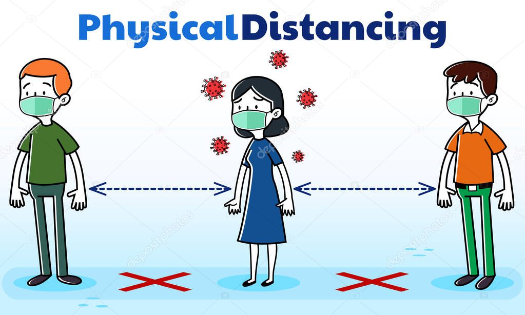 Illustration vector graphic People queue physical distancing illustration, asymptomatic woman without COVID-19 Coronavirus symptoms among People. Perfect for newspaper graphic illustration, Medical brochure, Television health information, etc