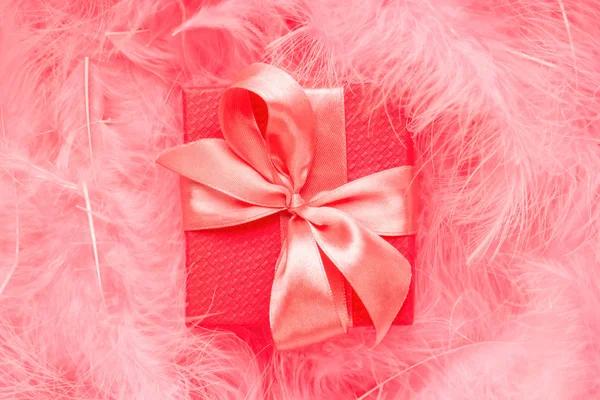 깃털로 만든 파스텔 핑크 색 바탕에 새틴 활이 달린 빨간 선물 함. 보호 스타일의 축제 컨셉트. — 스톡 사진