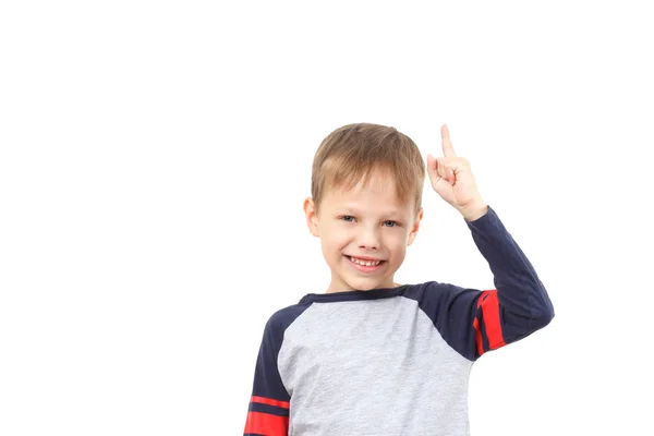 Piccolo bambino ragazzo è venuto con una grande idea Finger indicando una grande idea isolata su sfondo bianco . — Foto Stock