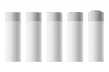 Jöle, losyon, krem, şampuan, banyo köpüğü için sıvı konteynır. Güzellik ürünleri paketi. Kozmetik plastik şişe. Kadınlar ve erkekler için deodorant spreyi seti. 3d illüstrasyon.