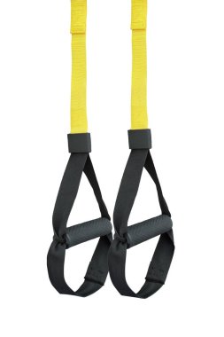 Kayışlar eğitim döngüsü ekipmanı. Beyaz arka planda siyah döngü fonksiyonel eğitim ekipmanları izole edildi. Spor aksesuarları. Sağlık için spor ve spor malzemeleri.