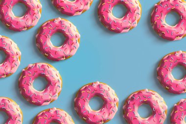 Pastel mavi arka planda çörekler ve metin için boşluk. Tatlı çörekler..