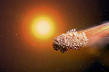 Düşen Meteor Yağmuru. Uzayda kuyruklu yıldız, meteor ve enerji, göktaşı parıltısı. Dramatik kıyamet geçmişi, kıyamet günü, dünyanın sonu, asteroit çarpması. 3d illüstrasyon.