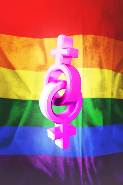 Símbolos de gênero com bandeira do orgulho do arco-íris da organização LGBT. Bandeira lésbica, gay, bissexual e transgênero. Símbolos masculino e feminino. ilustração 3d . — Fotografia de Stock