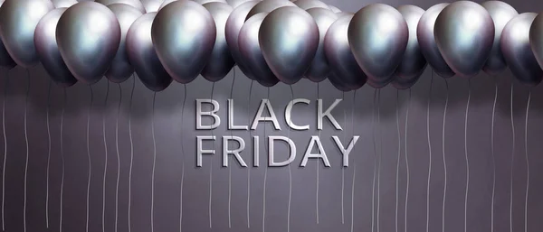 シルバーの光沢のある風船と黒の金曜日の販売プロモーションバナー。ブラックフライデーセールファッションの背景。3Dイラスト. — ストック写真