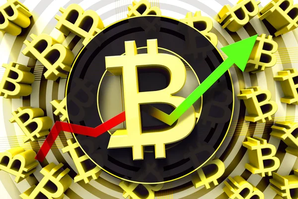 Eğilim oklu bitcoin işareti. Kripto para ticareti konsepti. 3d illüstrasyon.