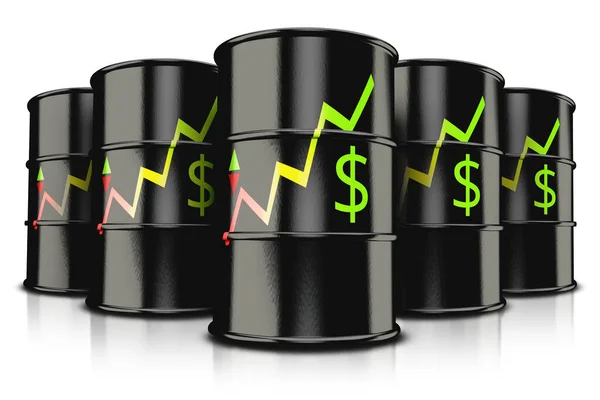 Чистый реалистичный черный баррель нефти и знак доллара. Бизнес график высоких цен. Черные баррели нефти изолированы на белом фоне. 3d иллюстрация — стоковое фото