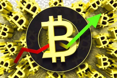 Bitcoin işareti. Yeni şifreli para ticareti konsepti ve yukarı bakan bir ok. Fintech Yatırım