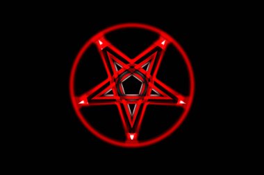 Ters Pentagram sembolü. Wiccan sembolleri- Sülfür Haçı. Kan kırmızısı büyü çemberi. Şeytani işaret, sihirli döküm yüzüğü. Pentalpha, Pentangle. 3d illüstrasyon.