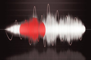 Japonya 'yı aydınlattı. Parlayan parçacıkların ve tellerin soyut dijital dalgası. Fütürist illüstrasyon 5.1 ses. Hud elementi. Japon teknoloji konsepti. Soyut arkaplan. 3d illüstrasyon.