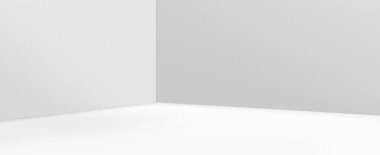 Mavi duvarları ve zemini olan boş bir köşe. Ürününüzü göstermek ve arka planda kullanmak için kullanılan boş oda gradyanı. 3d illüstrasyon