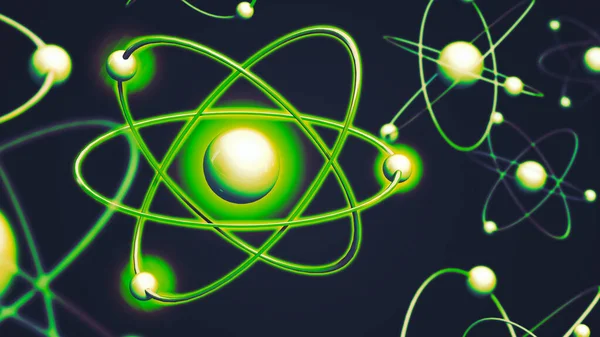 Atom Backgrounds from Geometric Shapes, Circle of Points of Lines. Atom nuclear model on energetic background. 3D illustration — Stock Photo, Image