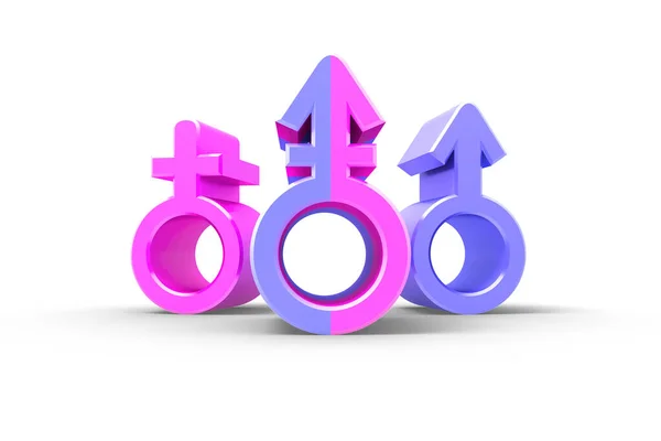 Conjunto de símbolos de género con siluetas estilizadas, masculinas, femeninas y unisex o transgénero. Idea y liderazgo cóncavo. Aislado sobre fondo blanco. ilustración 3d . — Foto de Stock