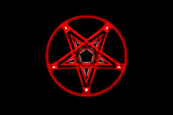 Obrácený symbol Pentagramu. Wiccanské symboly - kříž síry. Krvavě červený kruh runových kouzel. Satanské znamení, kouzelný vrhací prsten. Pentalpha, Pentangle. 3D ilustrace. — Stock fotografie