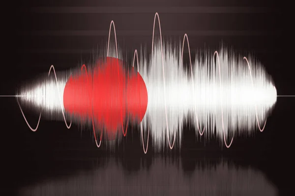 Φωτισμένο Ιαπωνία αφηρημένο ψηφιακό κύμα λαμπερό σωματίδια και wireframe. Φουτουριστική απεικόνιση 5.1 ήχος. Στοιχείο γδούπο. Ιαπωνική τεχνολογία. Αφηρημένο φόντο. 3D εικονογράφηση. — Φωτογραφία Αρχείου