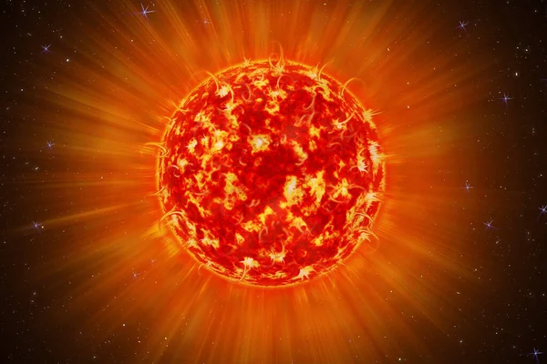 Una imagen de un sol detallado en el espacio. Estrella, tormenta solar. El poder del sol en el espacio con el fondo de plasma. ilustración 3d — Foto de Stock