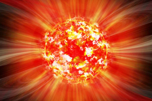 Extreme solar storm, solar flares. Sunburst rays of sunlight. Bright luminous sun with light effect, sunshine with lens flare. Orange sun light background. 3d illustration — Stock Photo, Image