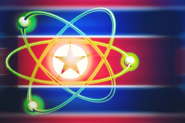 Atombomba, nukleáris kísérlet. Atom nukleáris modell az észak-koreai karcos zászlón. 3d illusztráció — Stock Fotó
