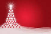 Vánoční stromek s rozostřenými světly. Červené pozadí. 3D ilustrace.