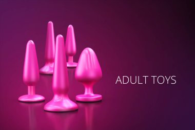 Dildo, vibratör ve kalça tıkaçları da dahil olmak üzere farklı seks oyuncakları koleksiyonu.