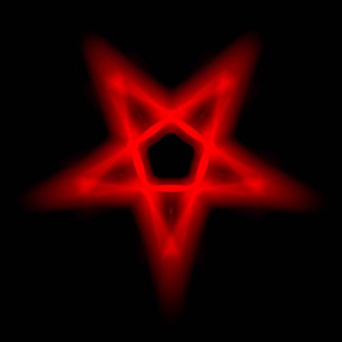 Ters Pentagram sembolü. Wiccan sembolleri- Sülfür Haçı. Kan kırmızısı büyü çemberi. Şeytani işaret, sihirli döküm yüzüğü. Pentalpha, Pentangle. 3d illüstrasyon.