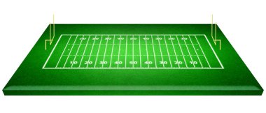 Futbol sahası perspektifi. Sahada beyaz çizgileri olan futbol stadyumu. Perspektif elementleri. Ragby futbol sahası, sahada beyaz çizgiler çiziyor. 3d illüstrasyon.