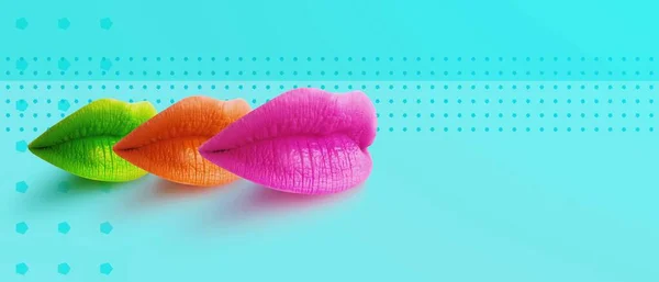 Dudaklar. Moda konsepti ruj. Çok renkli dudaklar. Modern asgari sanat. 3d illüstrasyon.