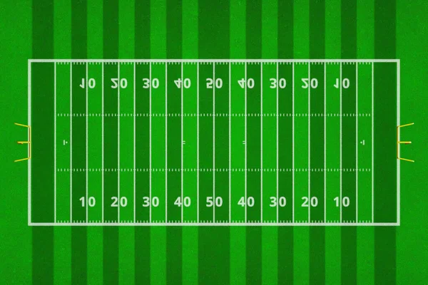 Vue sur le terrain de football américain. Modèle de gazon vert pour fond de sport. Terrain de football Ragby avec des lignes blanches marquant le terrain . — Photo