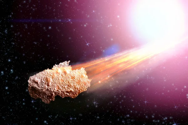 Sci-fi fantástico fundo - queimando e explodindo estrelas, inferno, impacto asteróide, horizonte brilhante. Espaço profundo. Ataque do asteróide. Ilustração científica. Ilustração 3D . — Fotografia de Stock