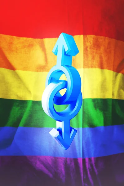 Гендерные символы с радужным флагом ЛГБТ-организации. Лесбиянки, геи, бисексуалы и трансгендерные флаги. Мужские и женские символы. 3d иллюстрация . — стоковое фото