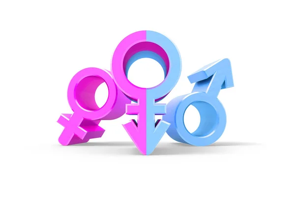 Set of gender symbols with stylized silhouettes, male, female and unisex or transgender. Idea and leadership concep. Isolated on white backgroud. 3d illustration. — Stock Photo, Image