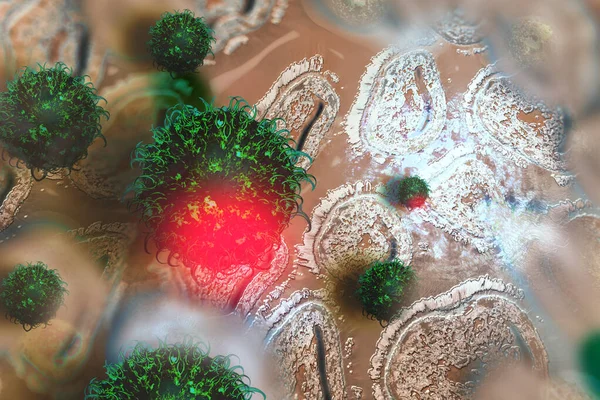 Ιός ανθρώπου, γρίπη, όψη ιού κάτω από μικροσκόπιο, Ιογενής διέγερση — Φωτογραφία Αρχείου
